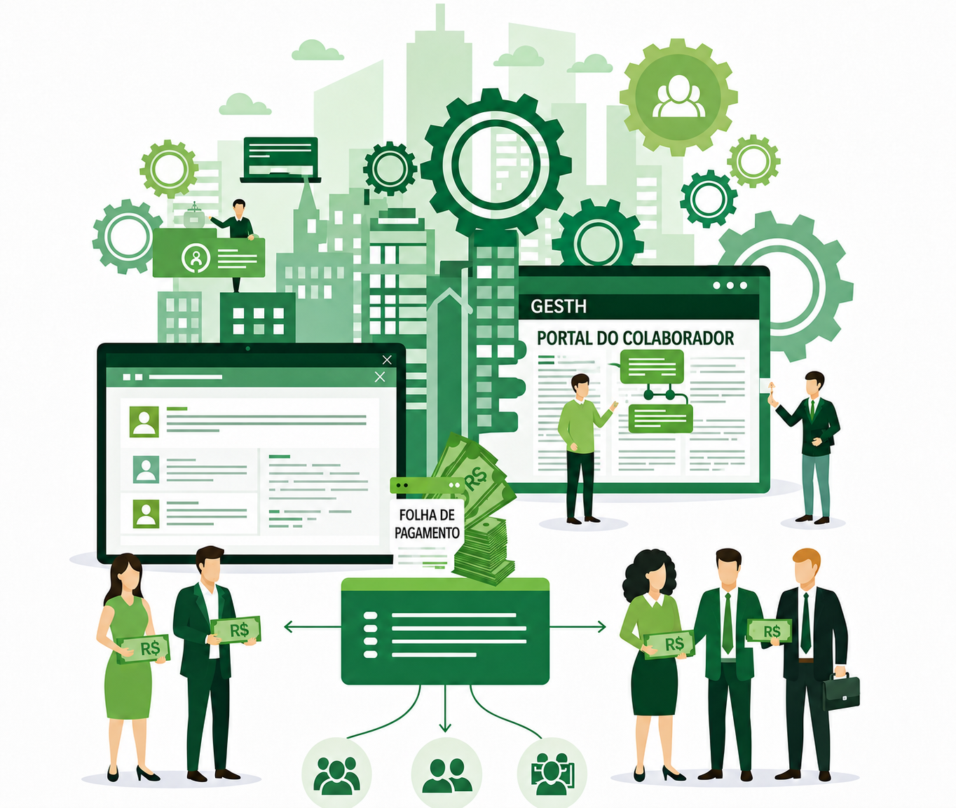 Ilustração das soluções RH Tech, Portal do Colaborador e Gesth